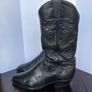 Tony Lama 8370 Men's 8.5D Black Almond Toe Boots Leather Embossed Lizard Pattern